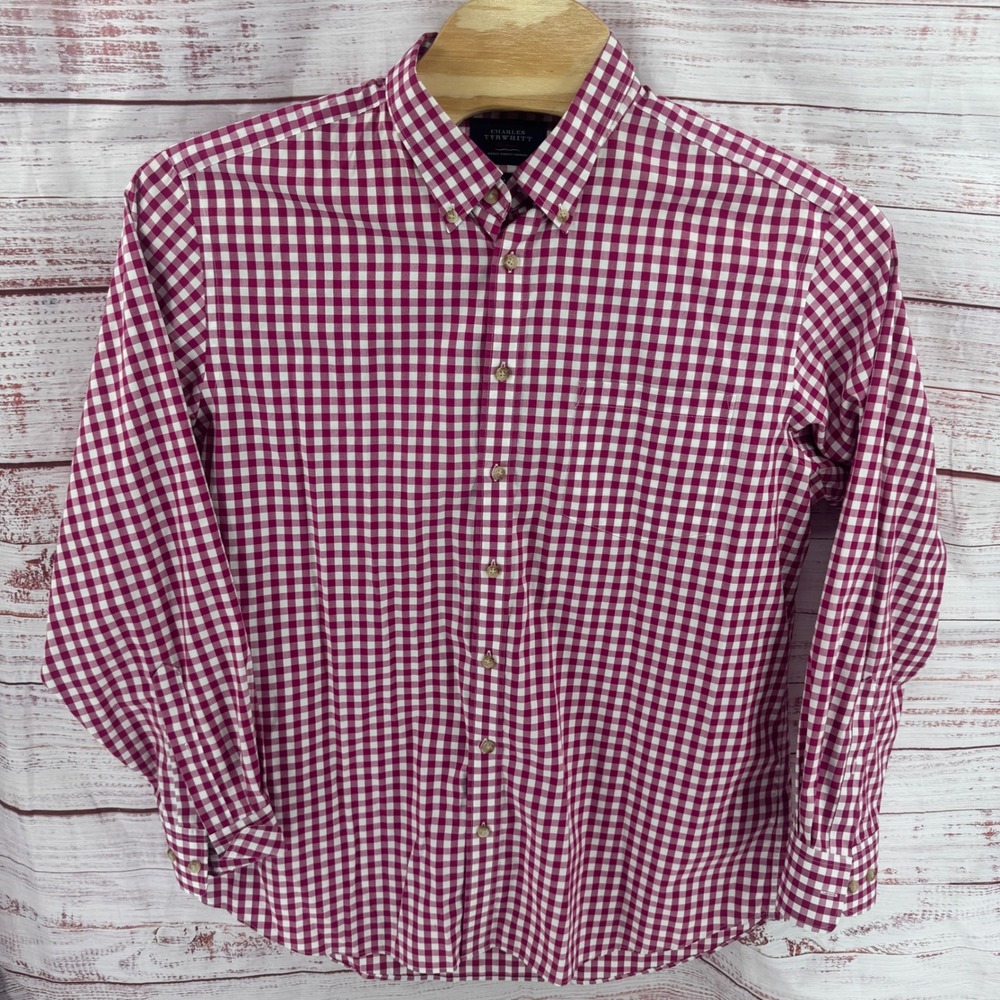 Charles Tyrwhitt Weekend Shirt Mens XL Burgundy Gingham Non-Iron Cotton Classic